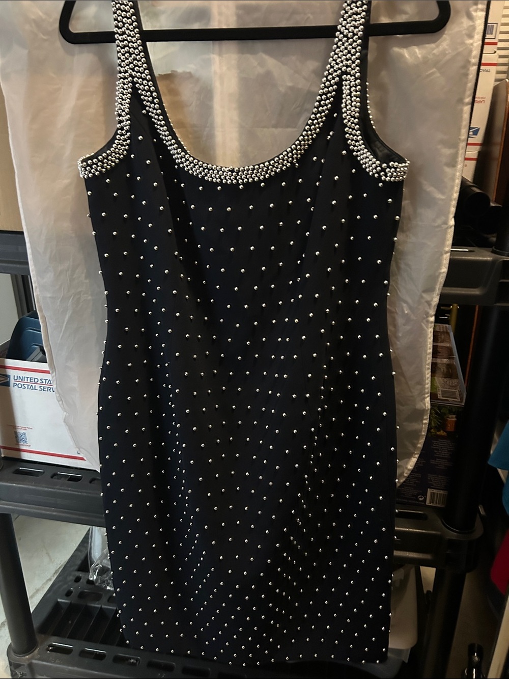 Stunning Carmen Marc Valvo Black Mini Dress with Silver Studs, Size 12